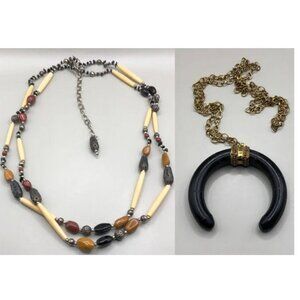 Curated tribal boho festilal statement look bone stone chain and bead necklaces.